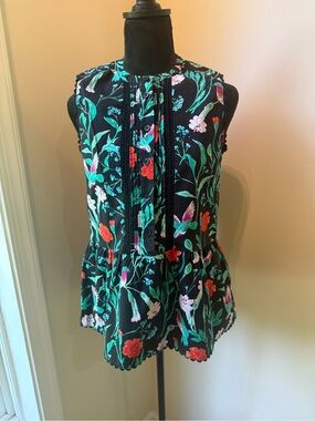 Kate Spade Floral Embroidered Black Peplum Sleeveless Top